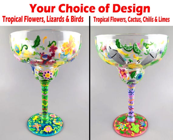 Colorful Mexican themed Margarita Glass - Hand Painted - Tropical Flowers, Cactus & Chili Peppers OR Tropical Flowers, Birds and Lizards