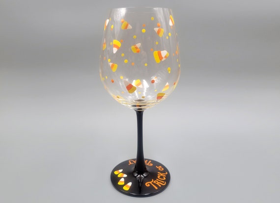 Candy Corn Halloween Wine Glass - Hand Painted - Trick or Treat - Fun, Cute - Stemmed