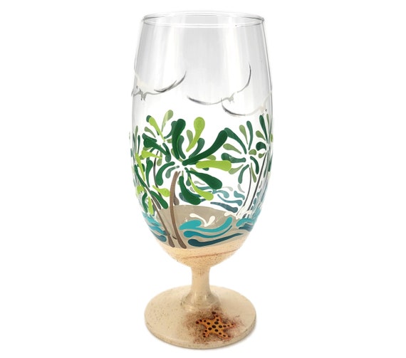 Tropical Scene Beer Glass - Hand Painted - Beach Theme - Palm Trees, Waves, Sparkly Sand, Seagulls - Pint, Pilsner Glass
