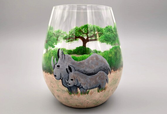 African Safari Hand Painted Wine Glass - Stemless - Rhinoceros, Baby Rhino, Wild Animal - Beautiful Acacia, Savanna  Trees