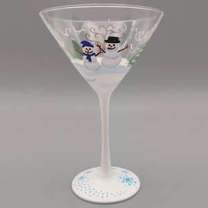 Snowman Scene Martini Glass - Hand Painted - Winter Wonderland - Snow, Pine Trees, Snowmen, Flakes