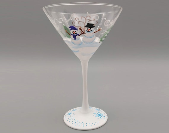 Snowman Scene Martini Glass - Hand Painted - Winter Wonderland - Snow, Pine Trees, Snowmen, Flakes