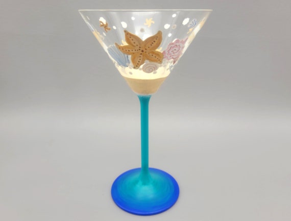 Beach Shells Martini Glass - Hand Painted - Tropical, Ocean, Summer, Starfish, Shell, Water, Sand