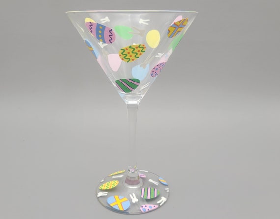 Easter Egg Martini Glass - Decorated Eggs with White Bunny Head and Ears - Hand Painted - Happy Easter Cocktail Glass