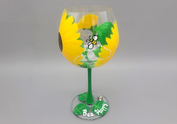 Sunflower wine glass - Yellow Sunflowers, Bumble Bees - Bee Happy - Summer Theme - Beautiful and Bright