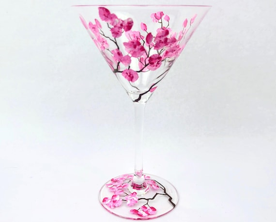 Hand Painted Cherry Blossom Martini Glass | Sakura Floral Cocktail Glass | Unique Gift for Her