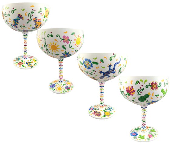 Colorful Mexican Themed Margarita Glasses - Hand Painted - Exotic Flowers, Cactus, Sun, Birds, Lizards - Bright & Fun