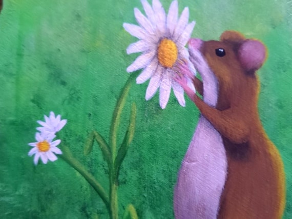Original Mouse Daisy Painting on Wood Panel, Whimsical Woodland Art