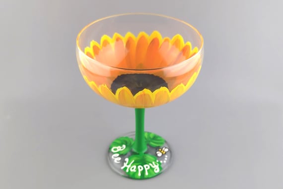 Large Sunflower Margarita Glass - Summer - Hand Painted - Garden, Outdoor, Colorful, Yellow Flower