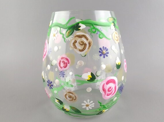Spring Flowers Hand Painted Stemless Wine Glass or Tumbler - Glitter & Pearl Accents - Spring or Summer Cocktail