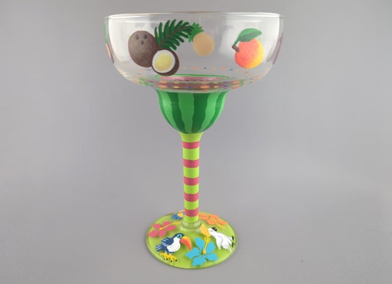 Tropical Themed Margarita Glass - Hand Painted - Exotic Fruits, Birds and Flowers - Bright & Colorful
