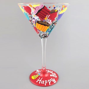 Happy Birthday Martini Glass - Hand Painted - Cupcakes, Confetti, Candles, Hearts - Cocktail Glasses