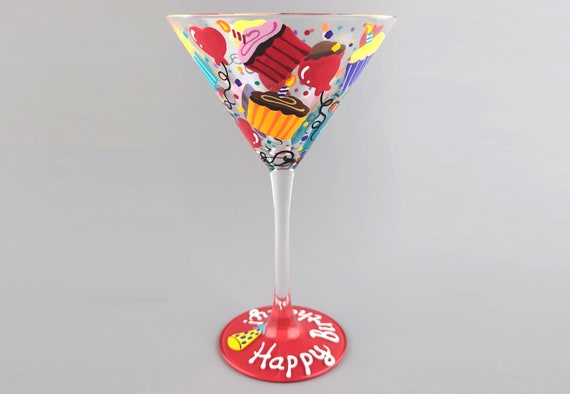 Happy Birthday Martini Glass - Hand Painted - Cupcakes, Confetti, Candles, Hearts - Cocktail Glasses