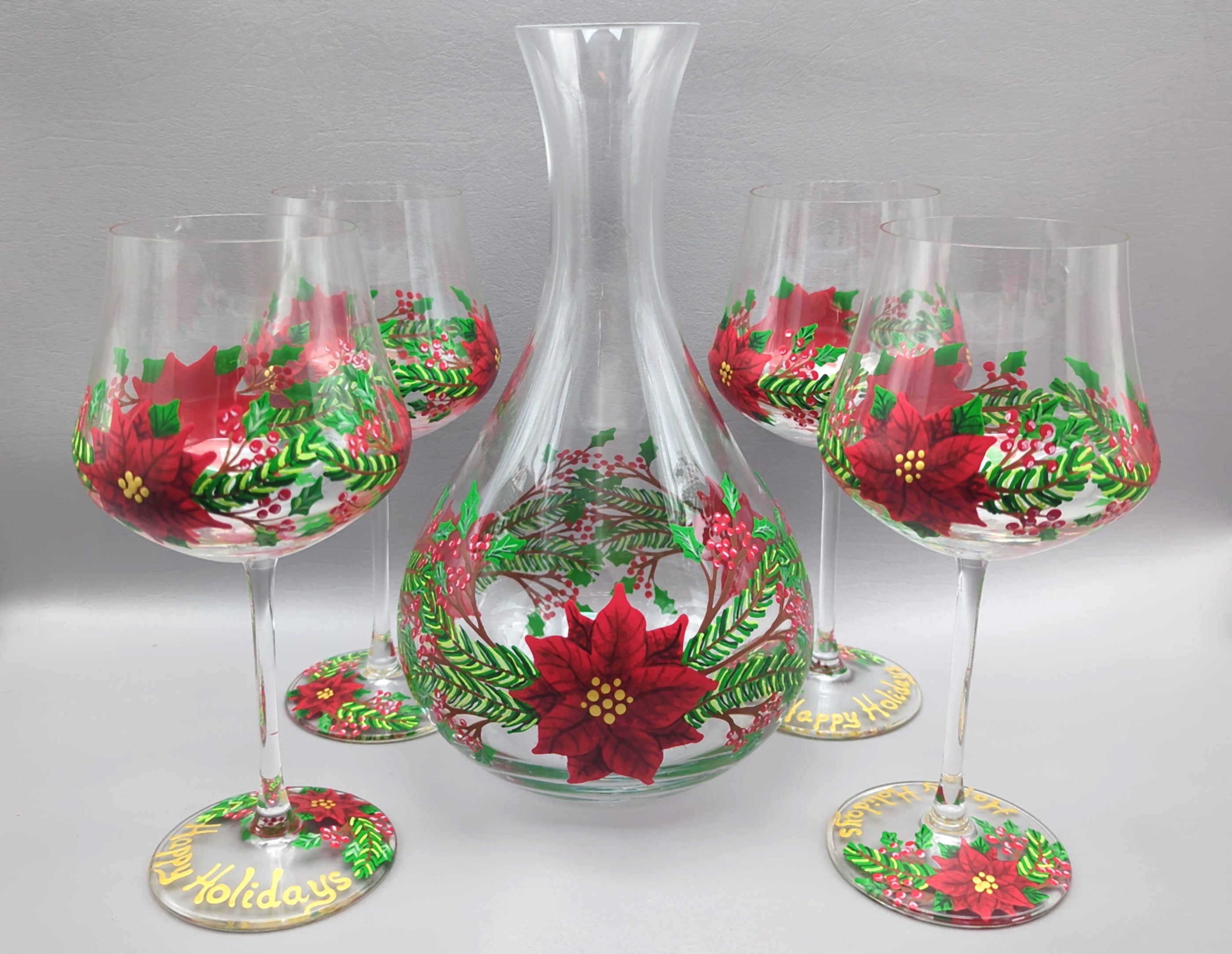 Set of 2 Stemmed Christmas Tree Design Wine Glasses - Hand Painted 14 oz  Decorated Christmas Tree Glasses - Perfect for Wine, Champagne, Holiday