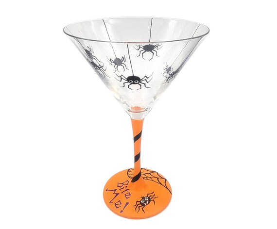 Spooky Spider Martini Glass - Bite Me! - Hand Painted - Spider Web - Halloween Cocktail Party Glass