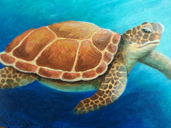 Sea Turtle Painting on Basswood Panel, Ocean Wildlife Wall Art, Coastal Decor