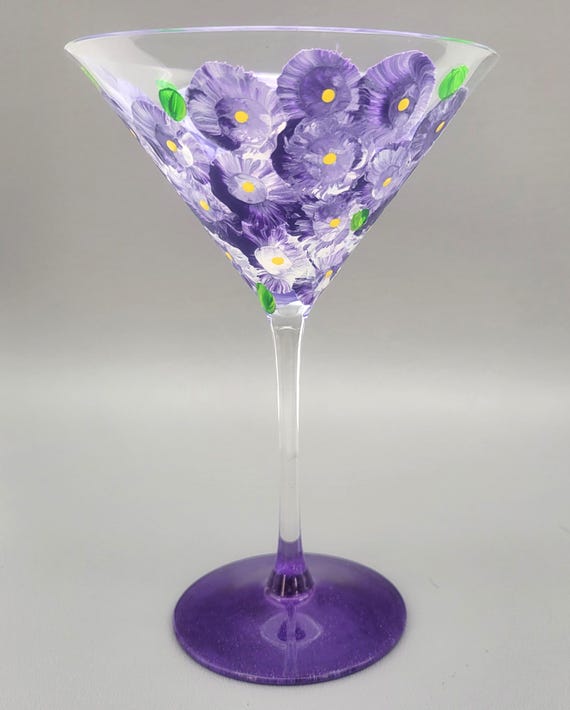 Pretty Flowers Martini Glass - Hand Painted - Choice of Color - Sparkly Base - Personalized - Martini Gift Idea for Her