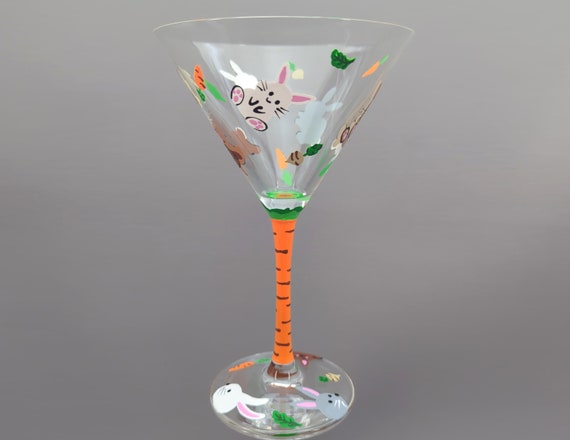 Bunny Fun Themed Martini Glass - Hand Painted - Various  Rabbits & Their Favorite Snacks - Easter Cocktail Glasses