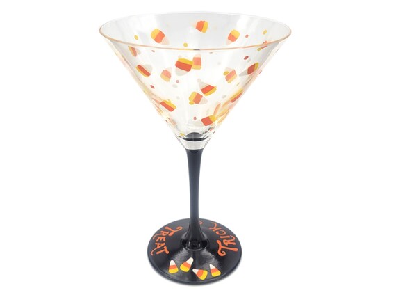 Candy Corn Martini Glass - Hand Painted - Fun Trick or Treat Halloween Party Glasses - Orange, Black, Yellow - Cocktail