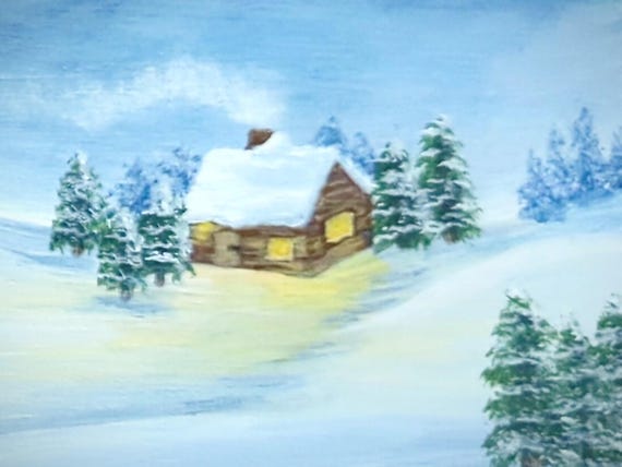 Hand-Painted Wood Wall Art, Snowy Cabin Landscape, Winter Night Scene, Peaceful Nature Decor