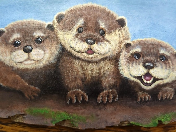 Otter Painting on Wood Slice, River Animal Wall Art, Woodland Nature Decor – “The River Trio”