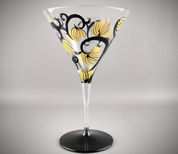 Hand Painted Fancy Martini Glass Black, Gold and Silver Elegant Swirls,  Flowers, Dots Personalized Cocktail Glasses 