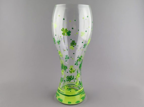 St. Patrick's Day Themed Pilsner Beer Glass - Hand Painted - Clovers, Irish, St. Paddy's Day