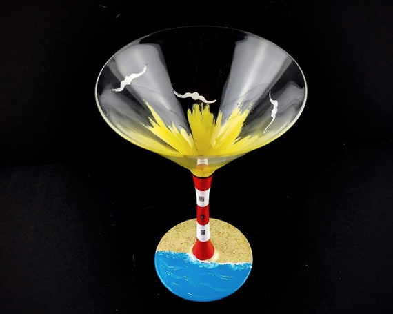Lighthouse Martini Glass, Hand Painted, Beach, Seagulls, Light House, Waves, Sand, Beach Themed Gift Idea, Cocktail glass