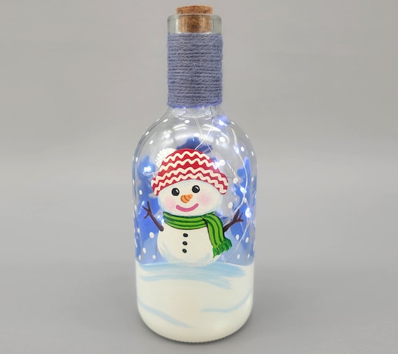 Snowman on a Winter Night Lighted Bottle - Hand Painted - Upcycled, Recycled - Fairy Lights - Christmas, Snow, Pine Trees
