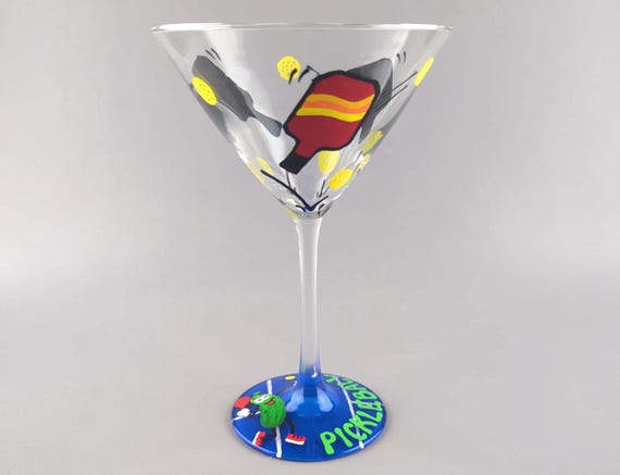 Pickleball Themed Martini Glass - Hand Painted - Sports, Pickle Ball, Paddles - Cocktail Glasses