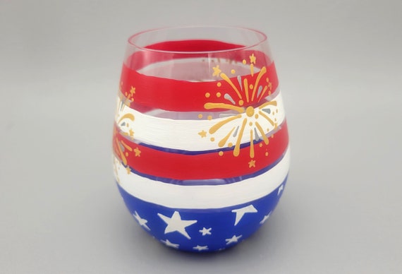 Patriotic Stemless Wine Glass - Hand Painted - Stars, Stripes, Fireworks - 4th of July - Independence Day - Memorial Day - United States