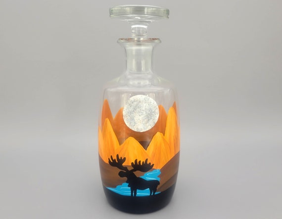 Moose at Night Whiskey Decanter - Mountains, Moon, River, Pine Trees - Hand Painted Glass Container