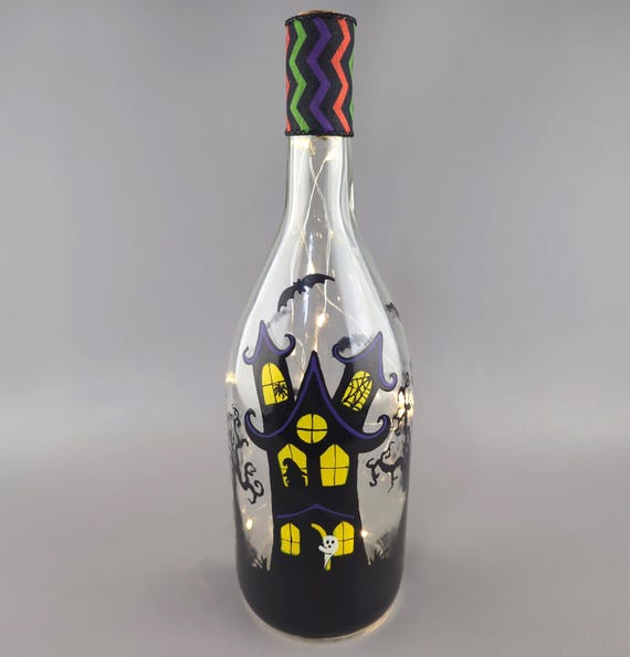 Halloween Haunted House Lighted Wine Bottle - Hand Painted - Upcycled, Recycled - Fairy Lights - Ghost, Witch, Spider & Web