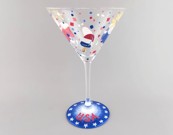 Patriotic Party Martini Glass - USA Theme - Red, White, Blue, Fireworks, Stars - 4th of July, Memorial Day - Cocktail glasses