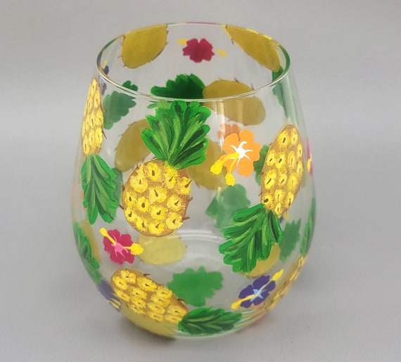 Pineapple Stemless Wine Glass - Cute Tropical Themed Decor and