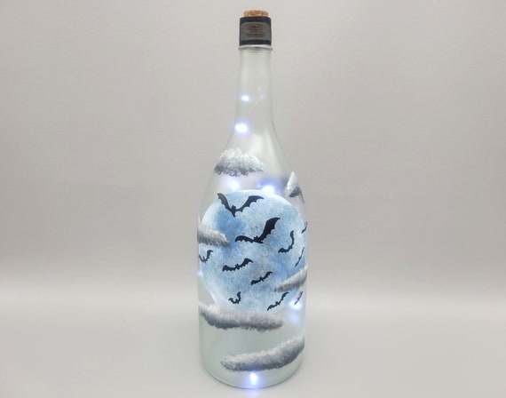 Halloween Bats & Moon Themed Lighted Wine Bottle - Hand Painted - Upcycled, Electric - Spooky Clouds