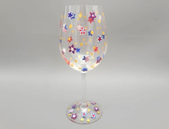 Red White & Blue Wine Glass - Hand Painted - Stars, Stripes- 4th of July - Independence Day, Patriotic - United States of America
