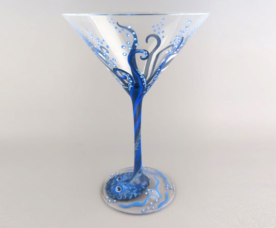 Blue Octopus Martini Glass - Ocean, Underwater, Sea Life, Kraken - Hand Painted - Unique Cocktail Gift Idea