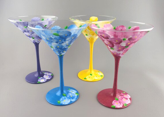 Four Colors Floral Martini Glass Set - Set of 4 - Pink, Yellow, Blue & Purple Flowers - Hand Painted, 8 ounce