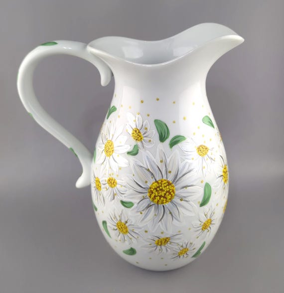 Hand Painted Porcelain Pitcher - Sunflowers, Butterfly, Bumble Bee - Summer - Large Pitcher or Centerpiece
