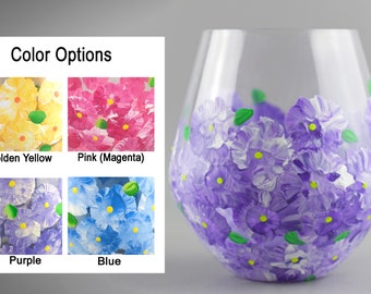 Floral Hand Painted Stemless Wine Glass - Gift for her - Spring wine glass - Your Choice of Color