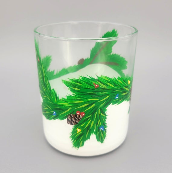 Christmas Garland Whiskey Glass - 12 oz - Snow, Christmas, Lights, Pine Cones - Hand Painted - Rocks / Scotch / Whiskey