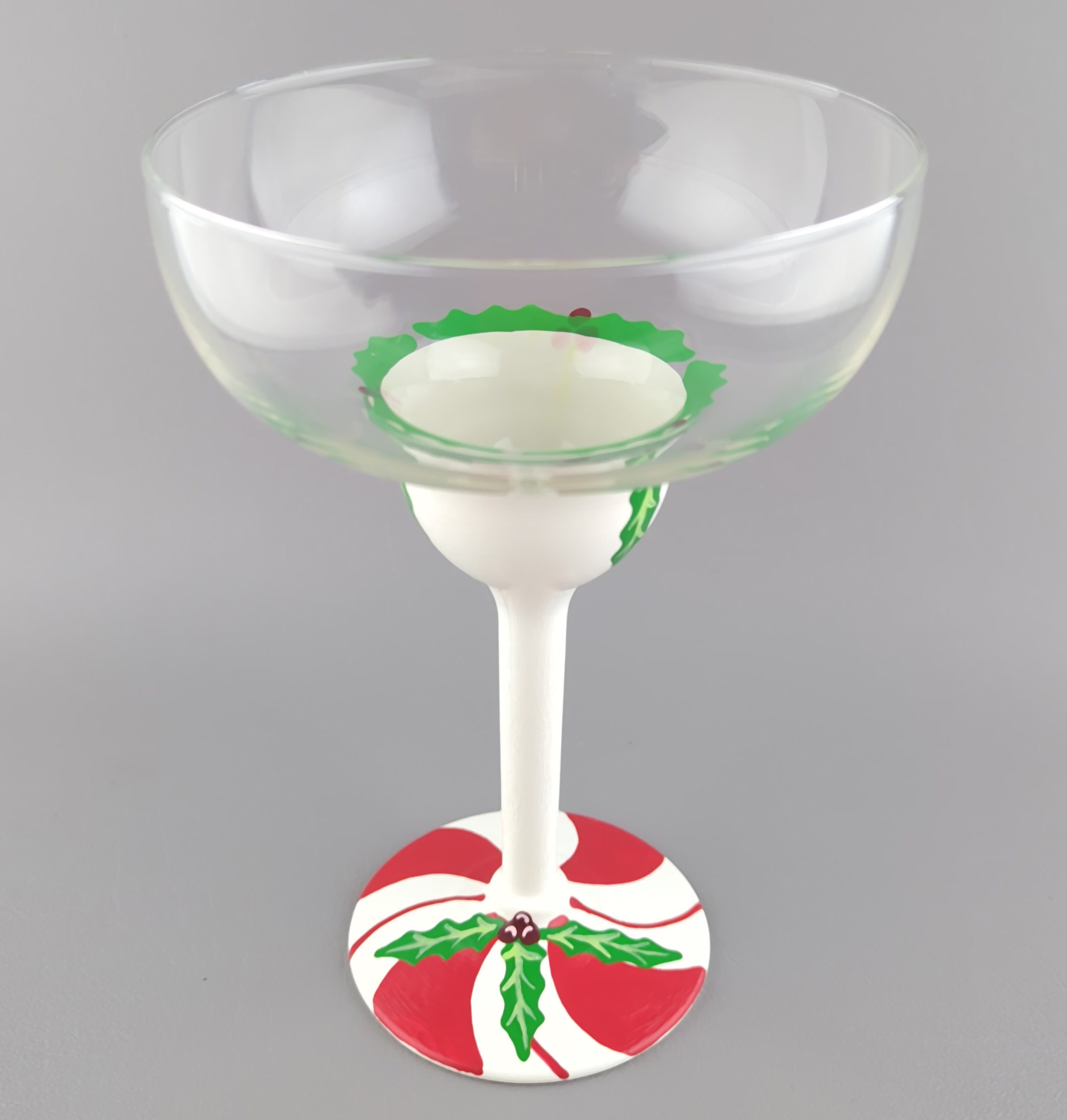 Christmas Candy Cane Martini Glass - Hand Painted - Seasonal, Snow, Holly  Berries - Cocktail Glass
