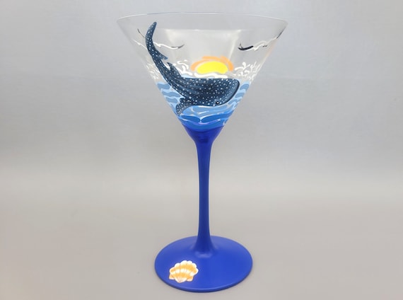 Whale Shark Martini Glass - Hand Painted - Sunset, Aquatic, Seagulls - Waves, Ocean, Tropical