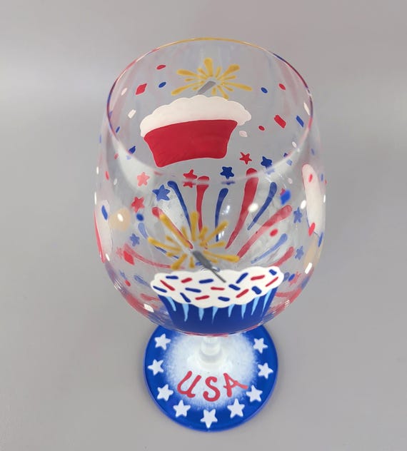Patriotic Party Wine Glass - Hand Painted - 4th of July - Independence Day, Patriotic - USA - Sparklers, Cupcakes, Popsicles