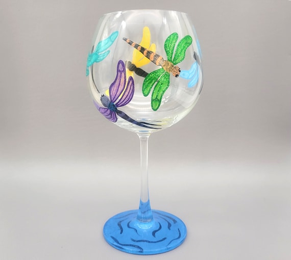 Dragonfly Hand Painted Wine Glass - Sparkly, Colorful - Summer Themed - Stemmed or Stemless
