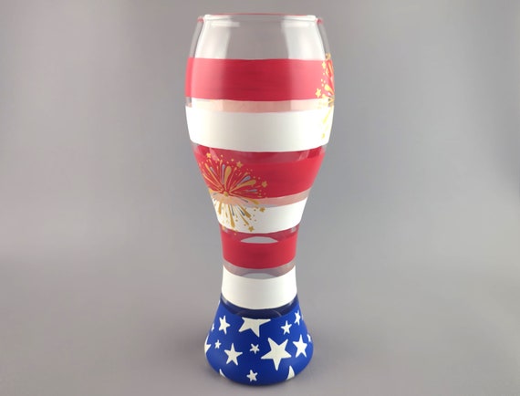 USA Patriotic Themed Pilsner Beer Glass - Hand Painted - Red, White & Blue - 4th of July, Stars, Flag