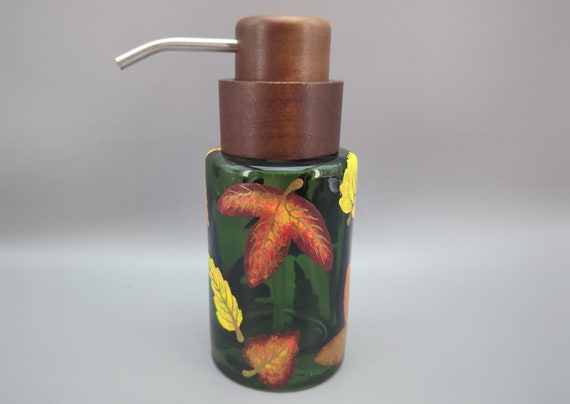 Fall Leaf Themed Glass Soap or Lotion Dispenser - Hand Painted - Shaded Autumn Leaves - Bathroom or Kitchen Decor