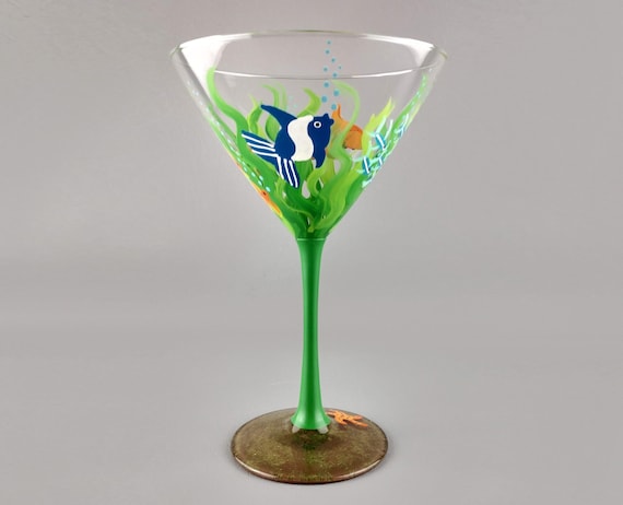 Fish in the Sea Themed Martini Glass - Hand Painted - Colorful, Schools of Fish, Ocean, Tropical, Seaweed
