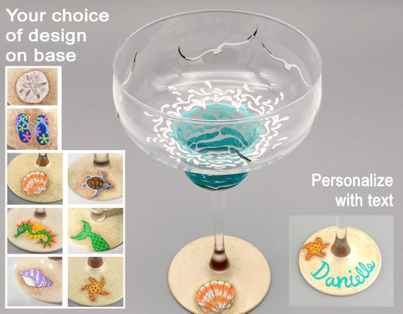 Beach Themed Margarita Glass - Tropical - Personalized - Hand Painted - Sand, Seagulls, Sea Turtle, Shell, Starfish, Seahorse, Mermaid